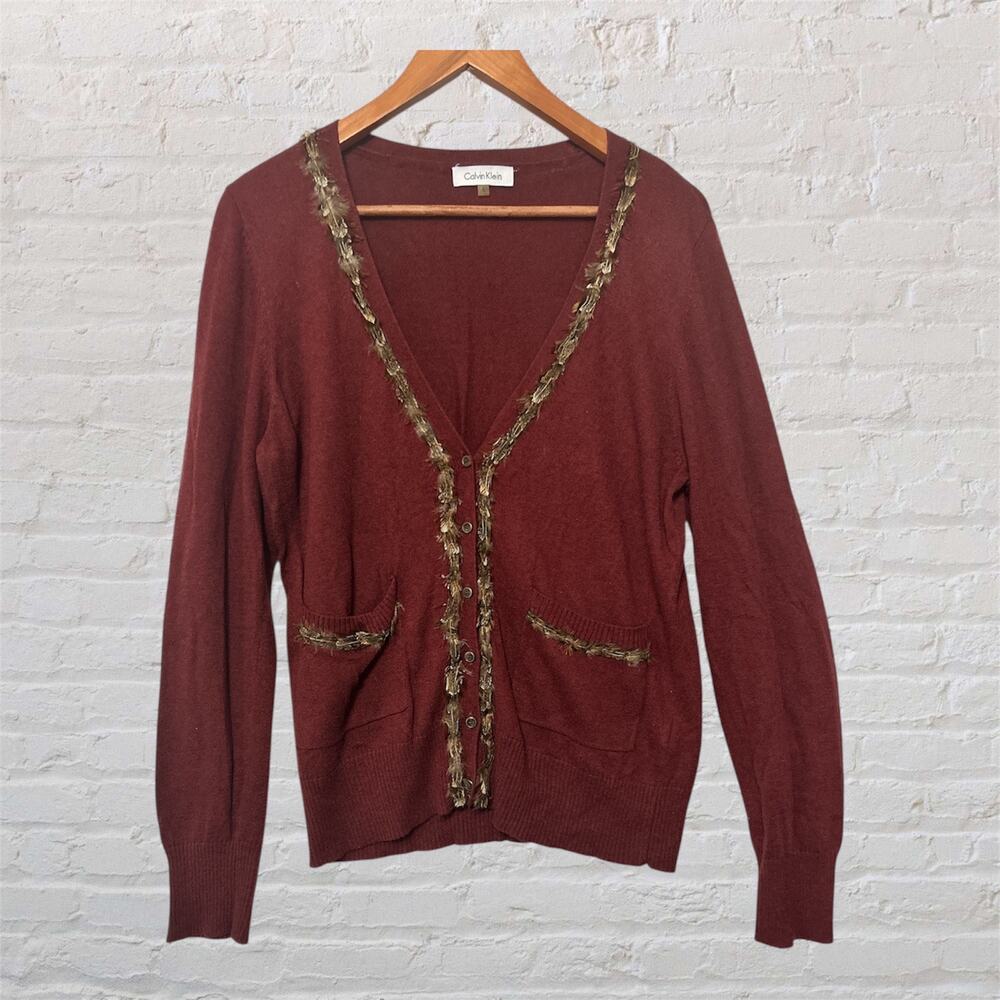 Calvin Klein Womens‎ Cardigan Brown Fringe Trim Button Up Sweater Size Large